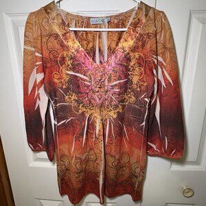 Y2K Vintage Unity Boho Grunge Babydoll Tunic Top Small 3/4 Sleeve Eclectic Artsy
